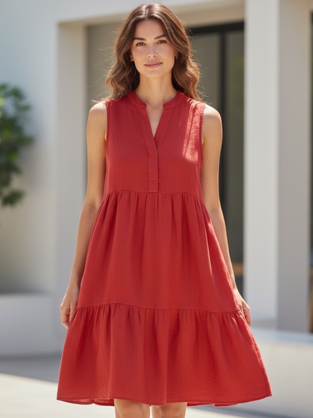 bella Perlina Red Tiered Sleeveless A-Line Midi Skirt